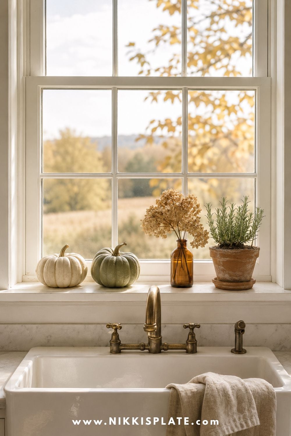 Farmhouse kitchen window decorated for fall with cream and sage mini pumpkins, dried hydrangeas, rosemary and amber glass above a white apron-front sink.