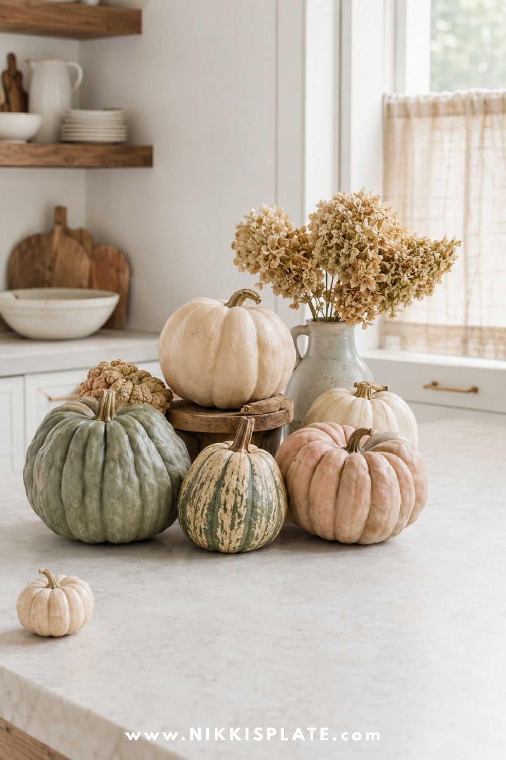 Heirloom pumpkins and gourds in cream, dusty sage, pale peach and muted green grouped with dried hydrangeas on a bright farmhouse kitchen island.