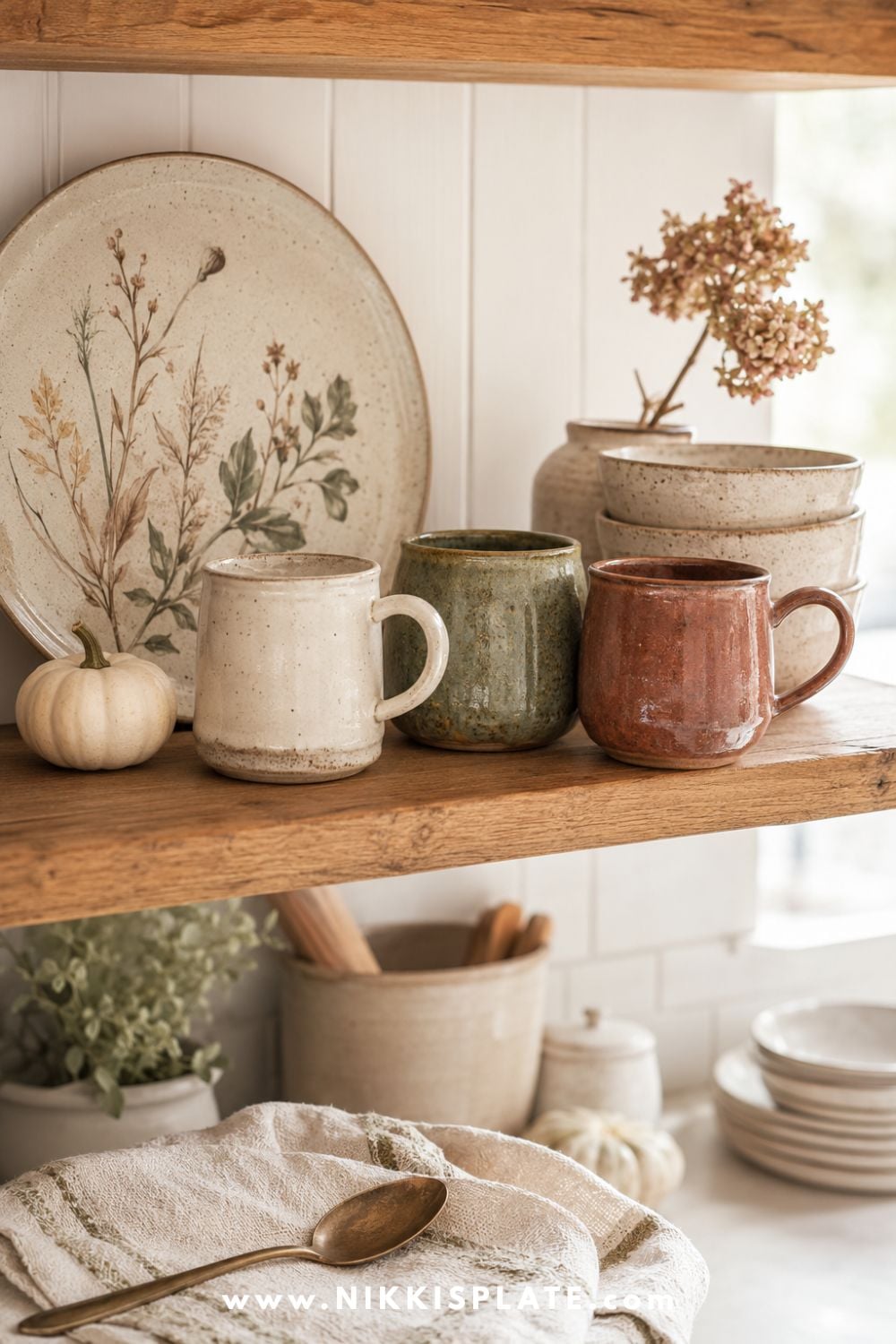 Handmade cream, moss green and muted rust mugs displayed with speckled stoneware bowls, a botanical plate and mini pumpkin on an oak kitchen shelf.