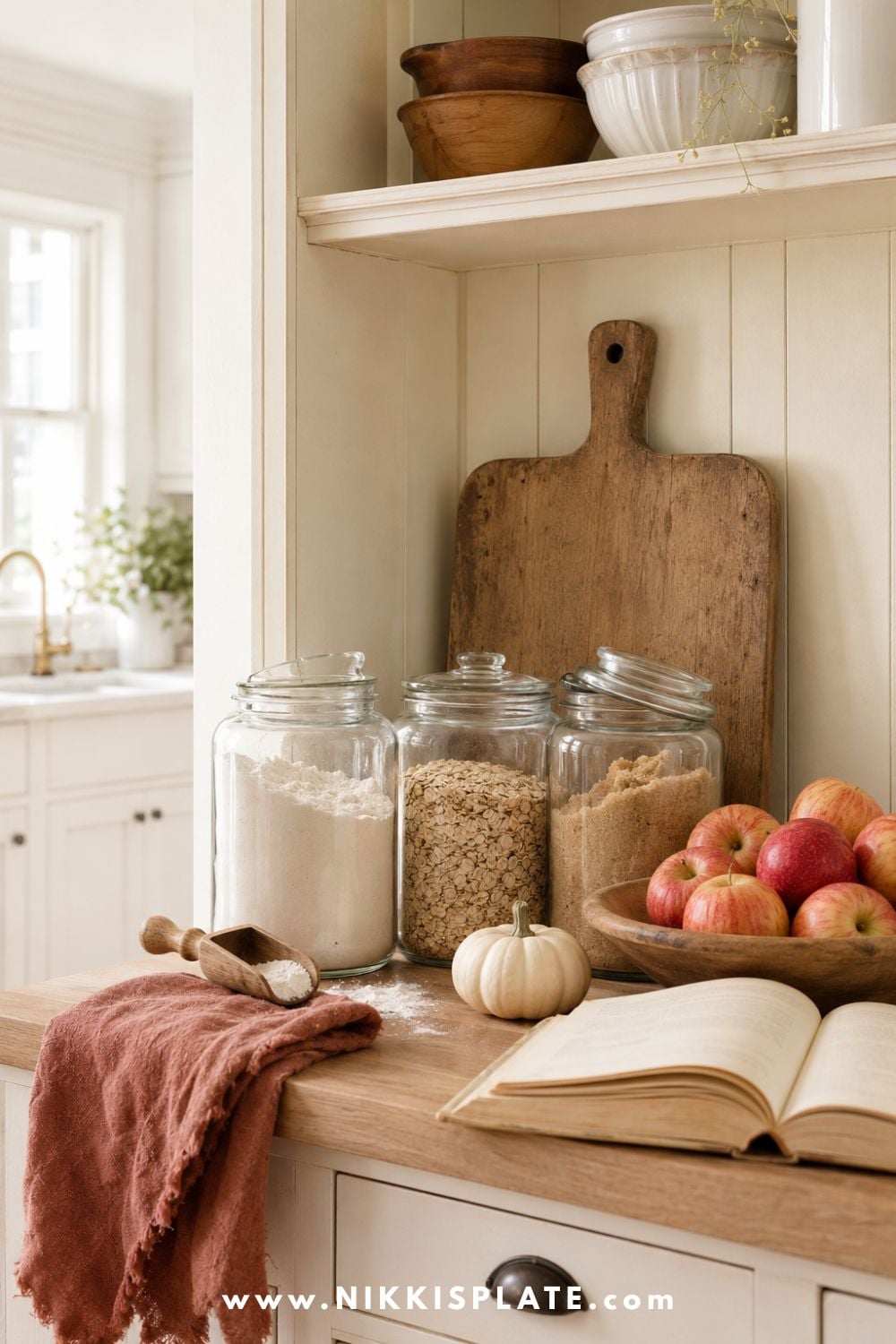 Simple fall baking station with glass jars of flour, oats and brown sugar, wooden scoops, apples, a muted rust towel and cream pumpkin.