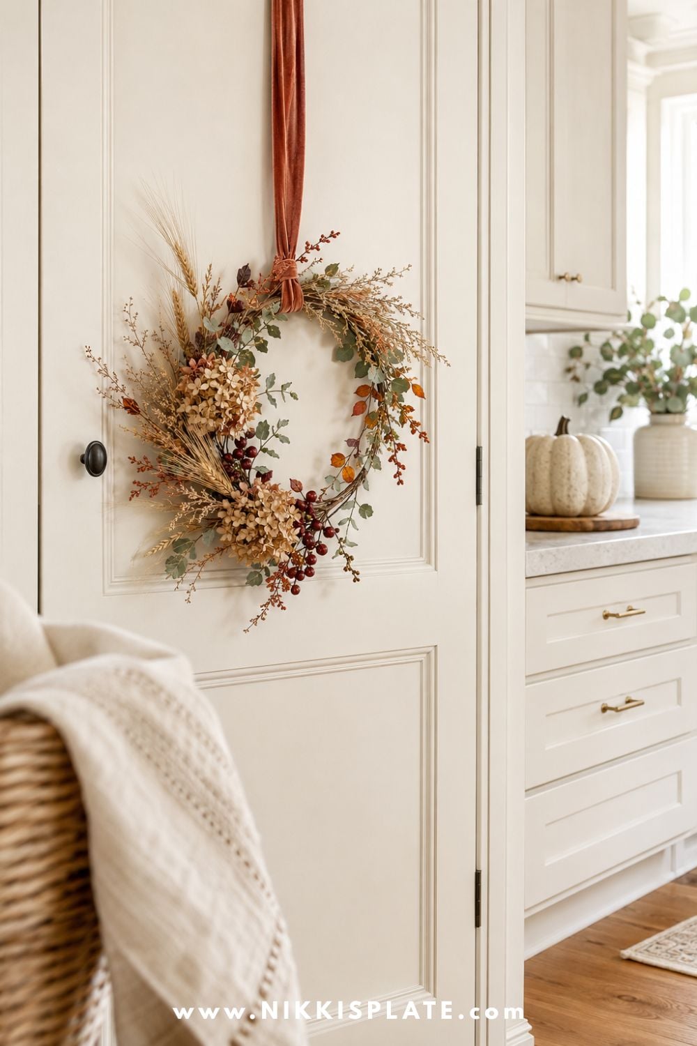 Small natural fall wreath made with wheat, dried hydrangeas, eucalyptus, amber leaves and burgundy berries hanging from rust velvet ribbon in a farmhouse kitchen.