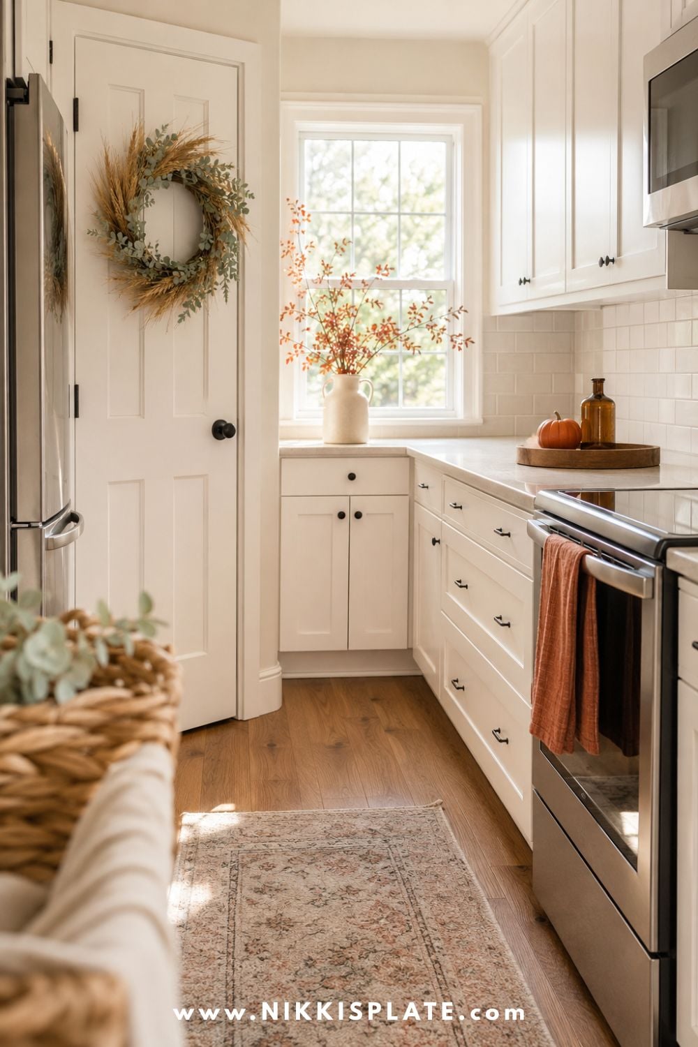 Small white kitchen decorated for fall with a natural wreath, narrow vase of rust branches, seasonal tea towel and one tidy wood counter tray.