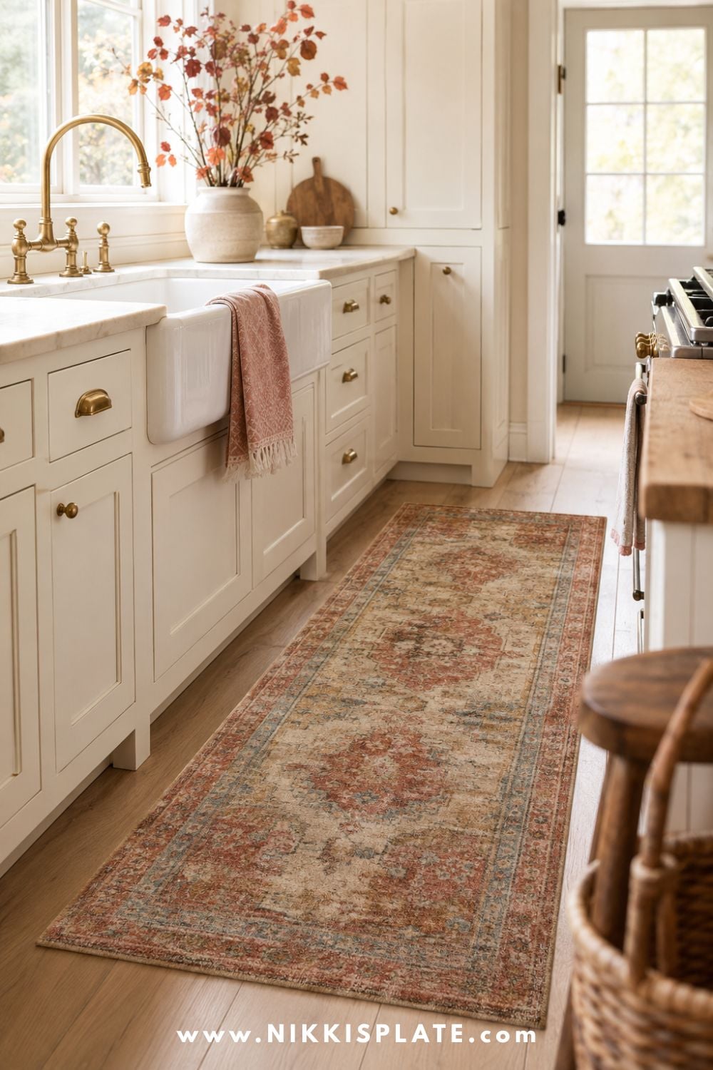 Vintage-inspired fall kitchen runner with a faded rust, dusty rose, olive and pale blue pattern adding color and warmth beside a farmhouse sink.