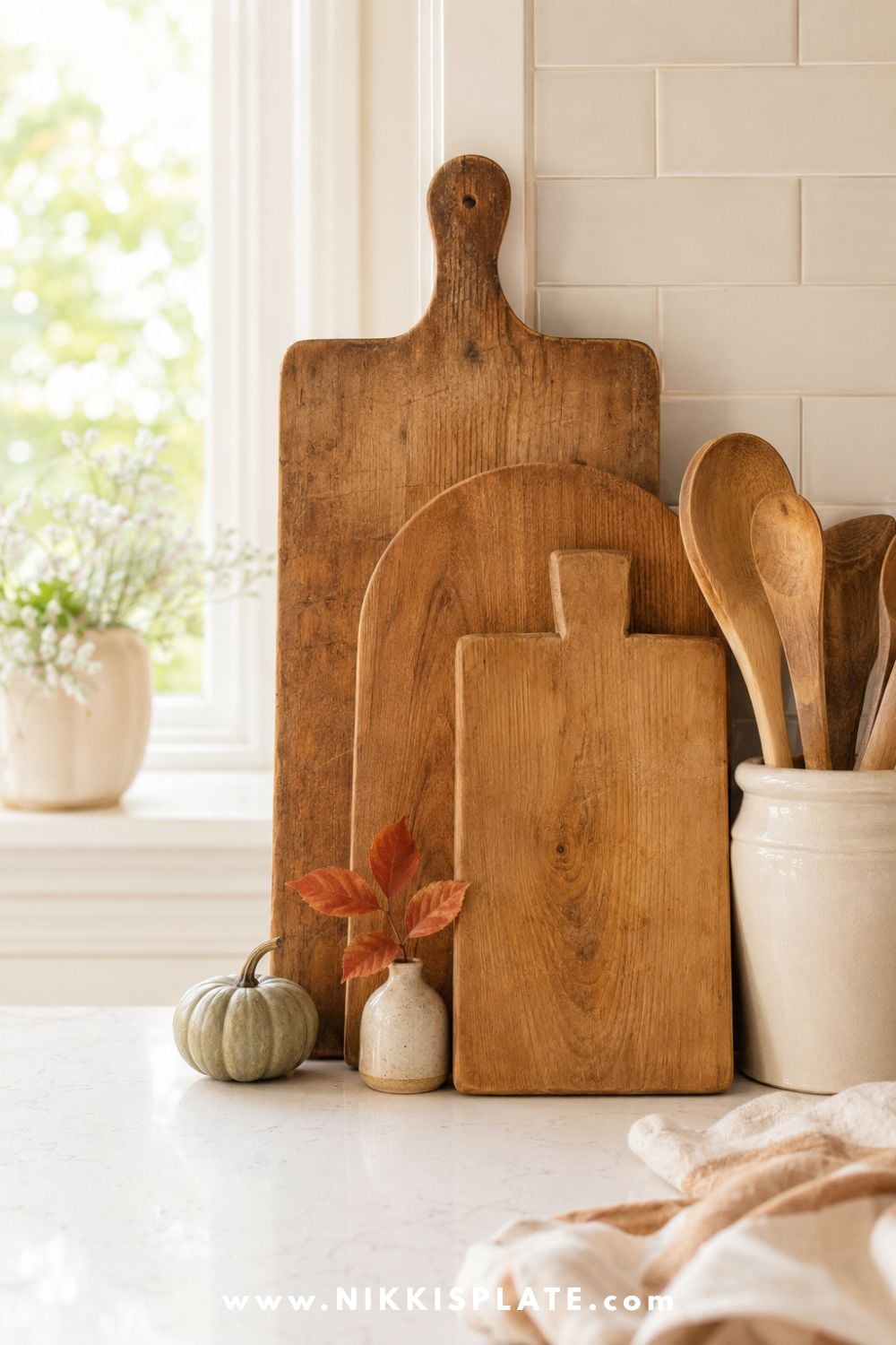Layered warm wood cutting boards leaning against a cream kitchen backsplash beside a stoneware utensil crock, muted sage pumpkin and tiny autumn branches.