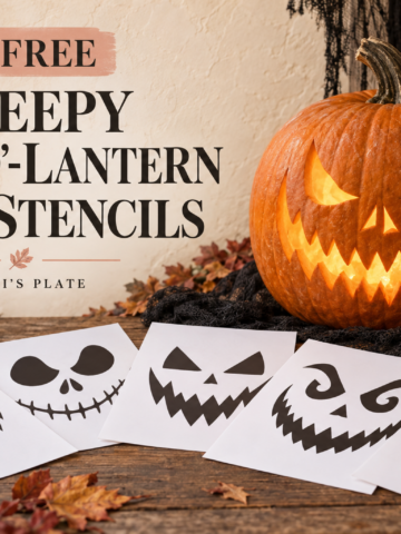 Creepy glowing jack-o'-lantern displayed with free printable pumpkin face stencil designs.