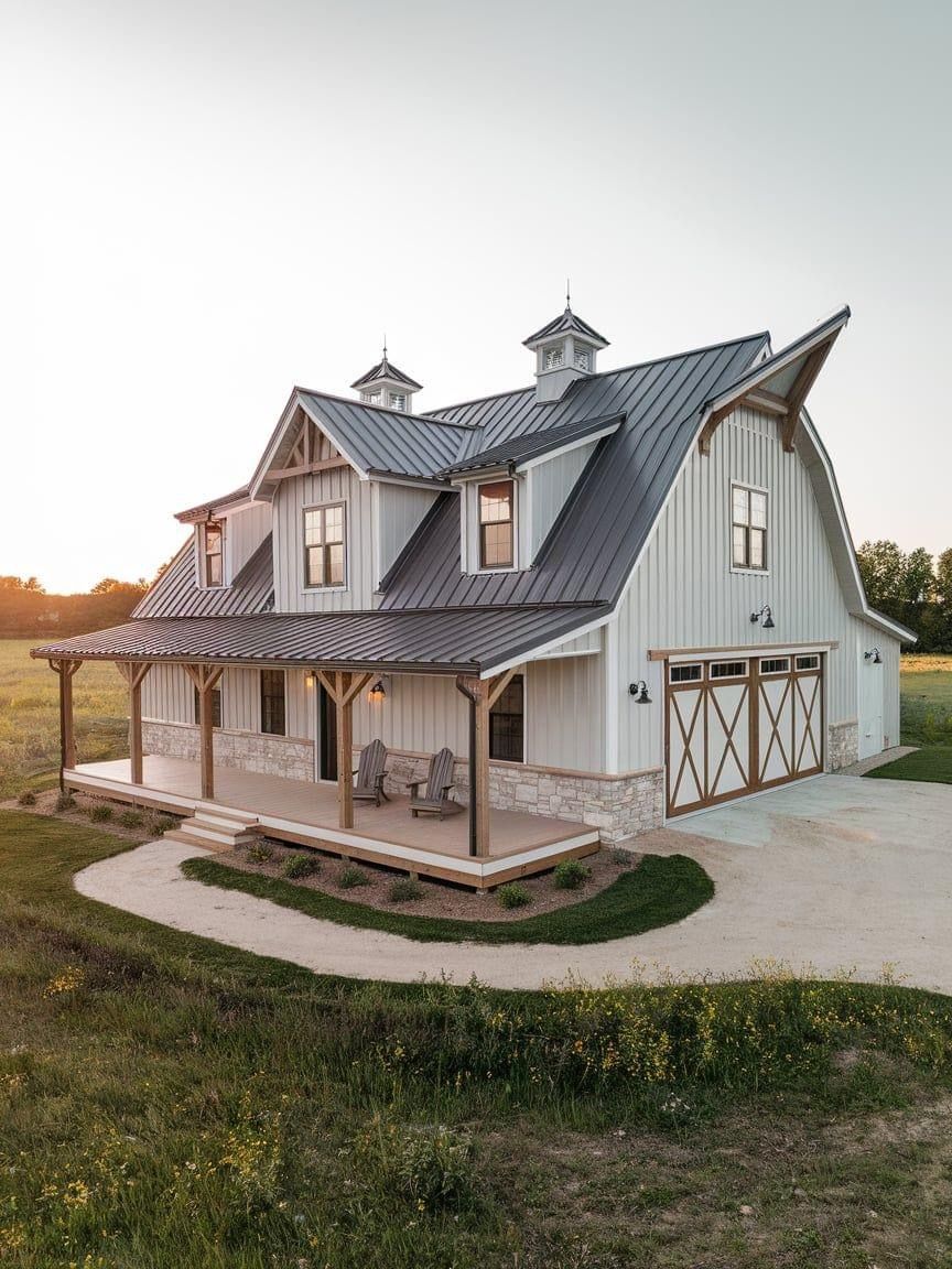 A charming white barndominium with a dark metal roof, wooden trim, and front porch supported by timber posts, featuring barn-style garage doors and surrounded by green grass and wildflowers at sunset.