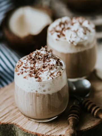 This Chocolate Coconut Milk Latte Recipe is the perfect caffeine fix for chocolate lovers who want a dairy-free and gluten free option! Vegan yet creamy and delicious! Better than Starbucks!