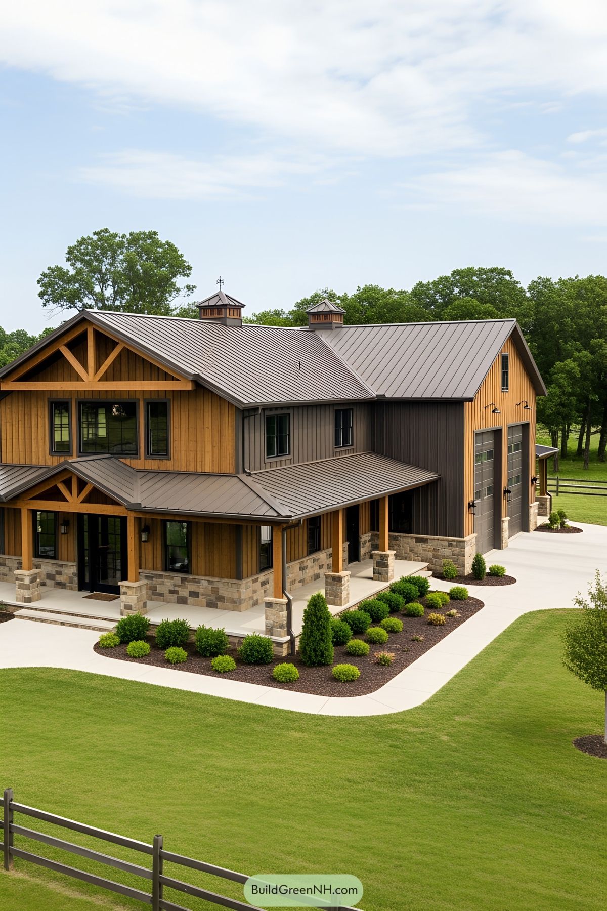 A two-story modern barndominium featuring a mix of warm wood siding, stone accents, and dark metal roofing, surrounded by a manicured lawn and black fencing on a sunny day.