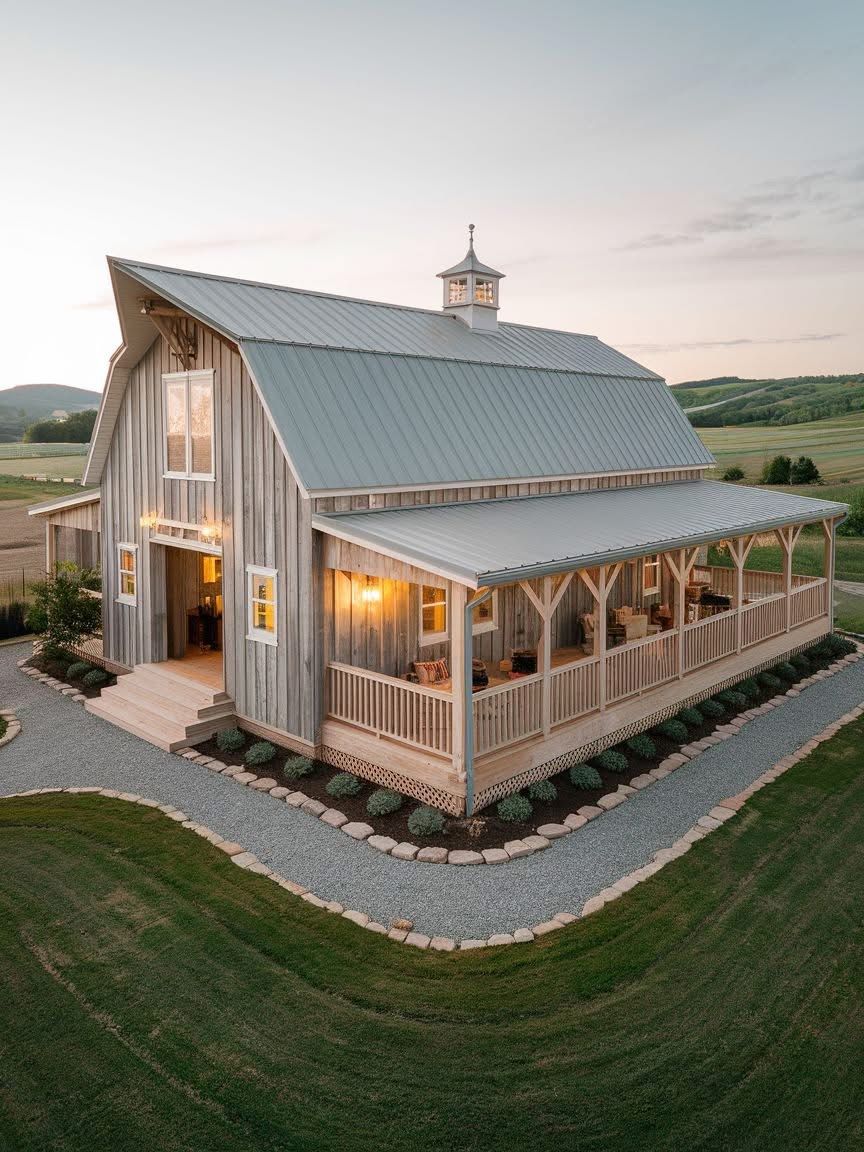 A light gray wooden barndominium with a metal roof and wraparound porch glowing with warm lights at sunset, surrounded by manicured landscaping, gravel pathways, and open countryside views.