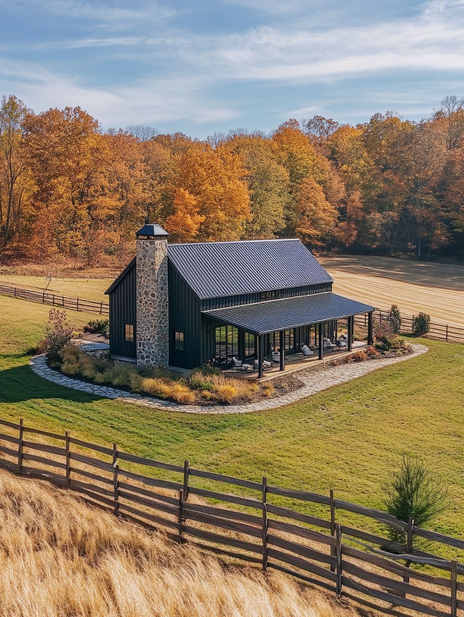 A modern black barndominium with a tall stone chimney and wraparound porch sits on a rolling countryside property surrounded by a wooden fence and autumn-colored trees under a blue sky.