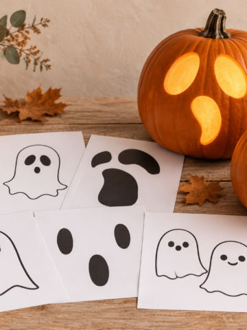 Free printable ghost face pumpkin carving stencils beside glowing carved Halloween pumpkins