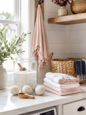 Bright farmhouse laundry room with powdered detergent in a glass jar, wool dryer balls, folded blush and white towels, a wooden scoop, woven basket, and fresh greenery.