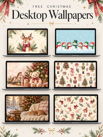 Cute Christmas desktop wallpapers displayed on six laptop screens, featuring festive watercolor reindeer, snowmen, teddy bears, nutcrackers, Christmas geese, and a cozy holiday kitten scene.