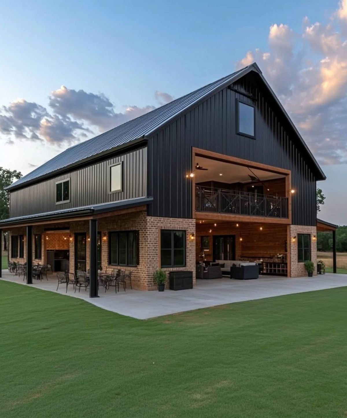 This modern black barndominium blends industrial and rustic elements seamlessly with black metal siding, red brick walls, and warm wood interior finishes. The open-concept lower level and covered patio make it perfect for entertaining, while the upper balcony adds architectural interest and outdoor charm. Every detail - from the lighting to the materials - enhances the home's inviting, contemporary farmhouse feel.