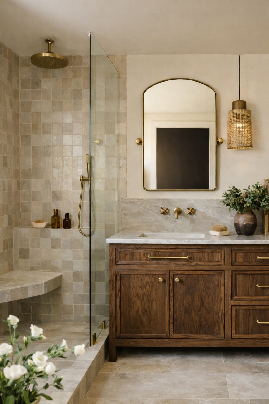 Eco-friendly bathroom lighting with warm wood vanity and walk-in shower showcasing bathroom trends for 2026 with natural materials and spa-inspired design