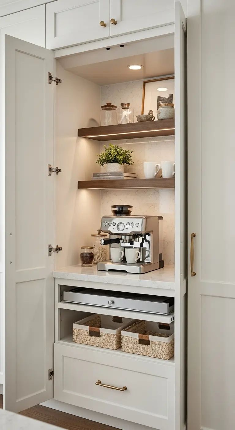 Built-in kitchen coffee station with hidden storage, espresso machine, and soft neutral cabinetry showcasing a popular kitchen trend for 2026.