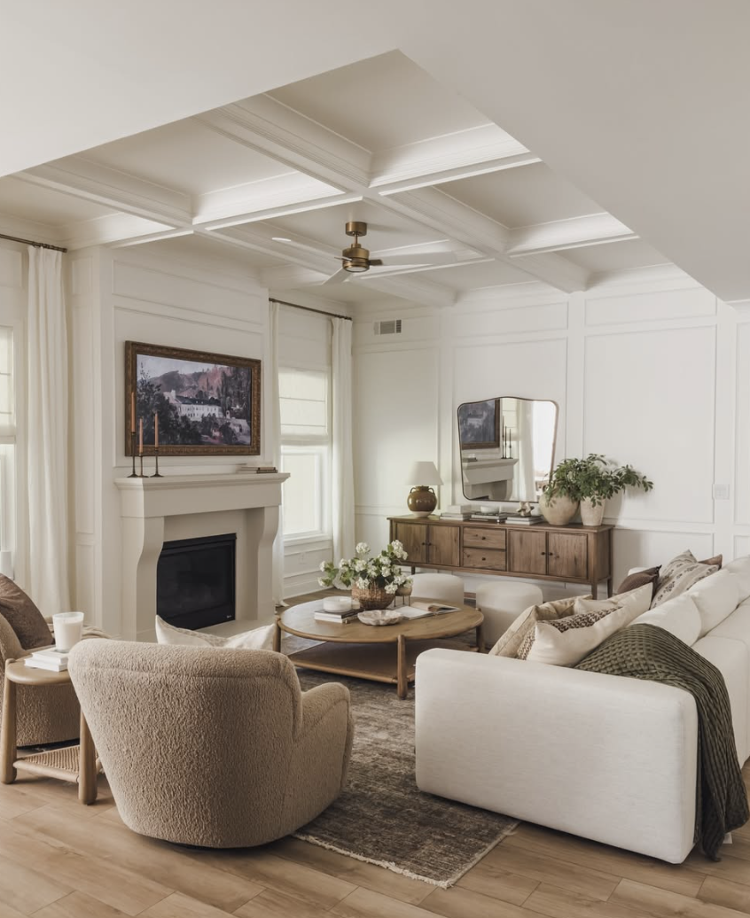 Living room featuring curved furniture and soft silhouettes with rounded chairs, plush seating, and warm neutral tones, highlighting living room trends for 2026.