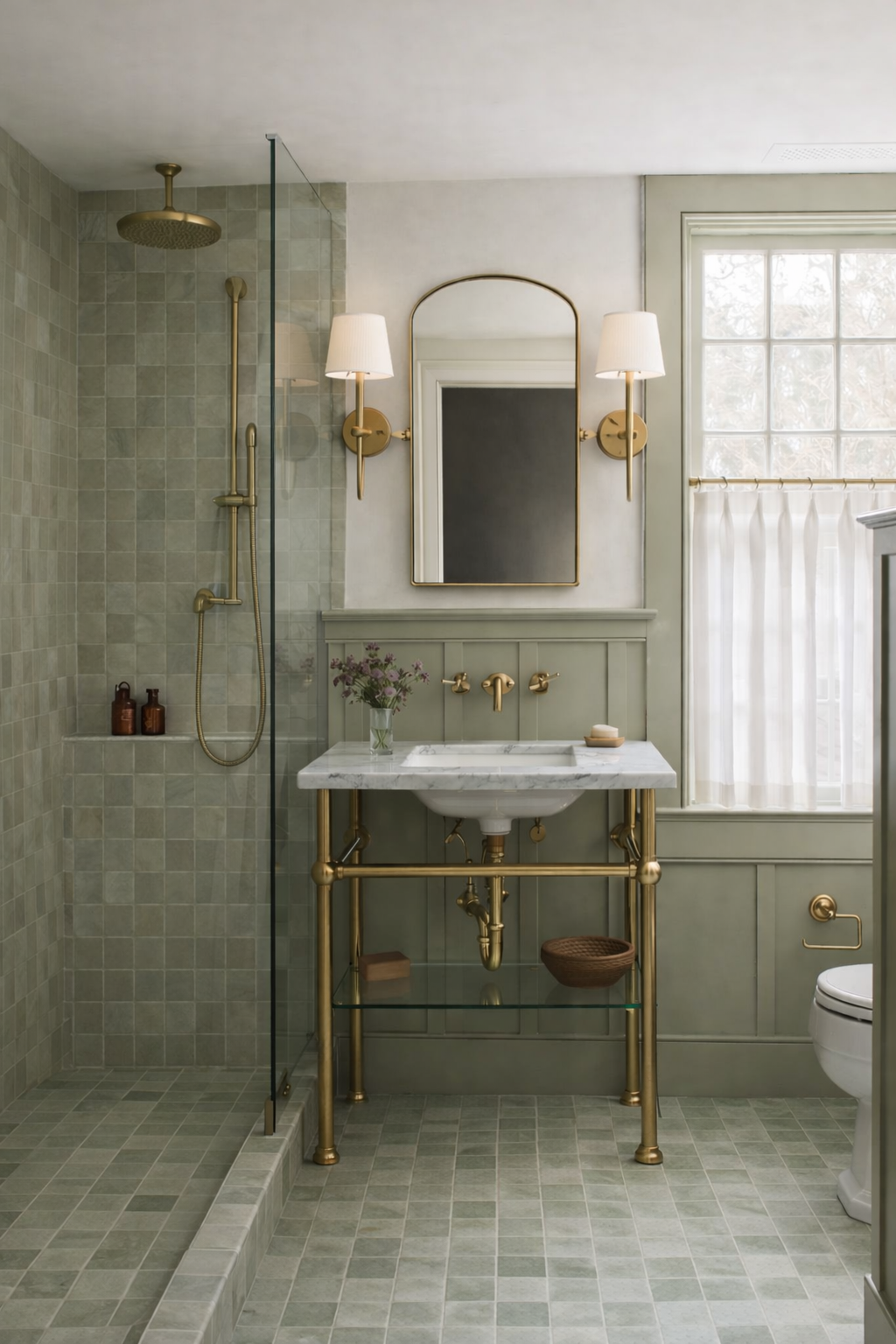 Sage green tile bathroom with eco-friendly lighting and brass vanity showcasing bathroom trends for 2026 with earthy colors and spa-inspired design