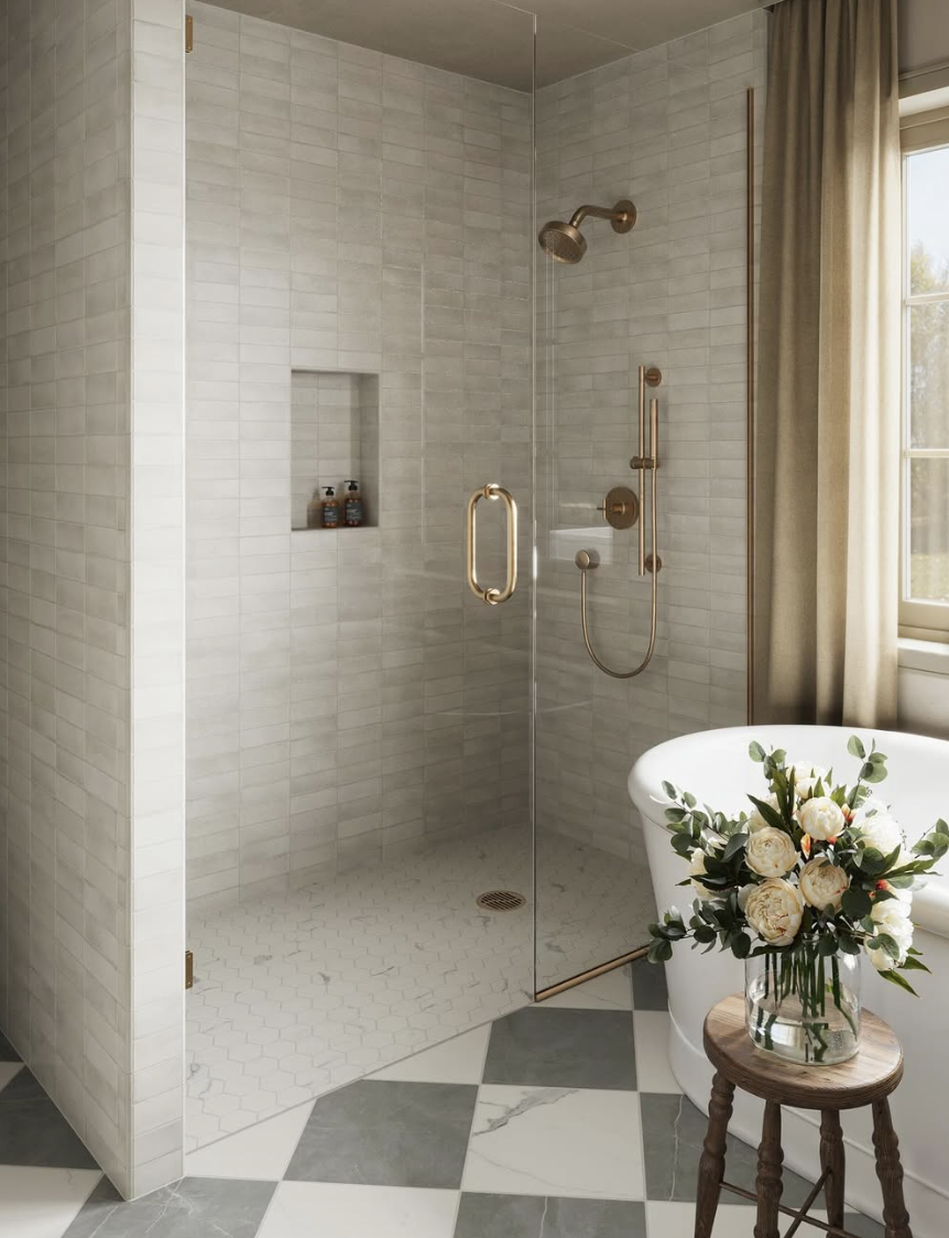 Seamless walk-in shower with minimal glass, brass fixtures, and light tile showcasing bathroom trends for 2026 with a clean, open spa-inspired design