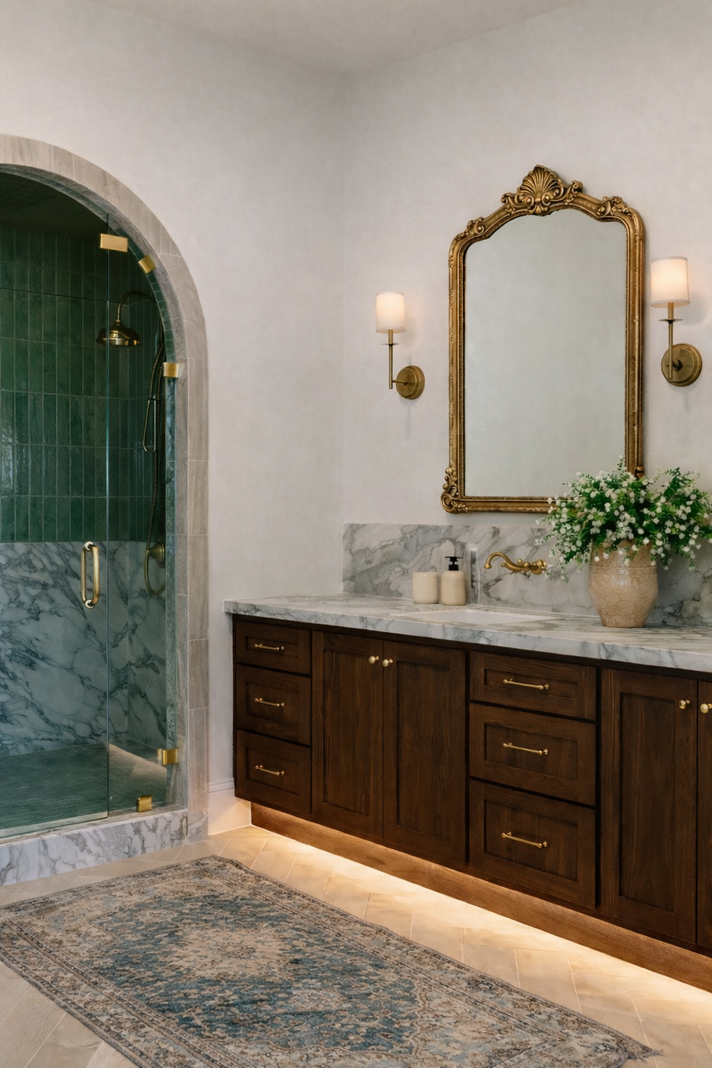 Dark walnut bathroom vanity with green tiled walk-in shower and layered lighting showcasing smart and functional bathroom features for 2026