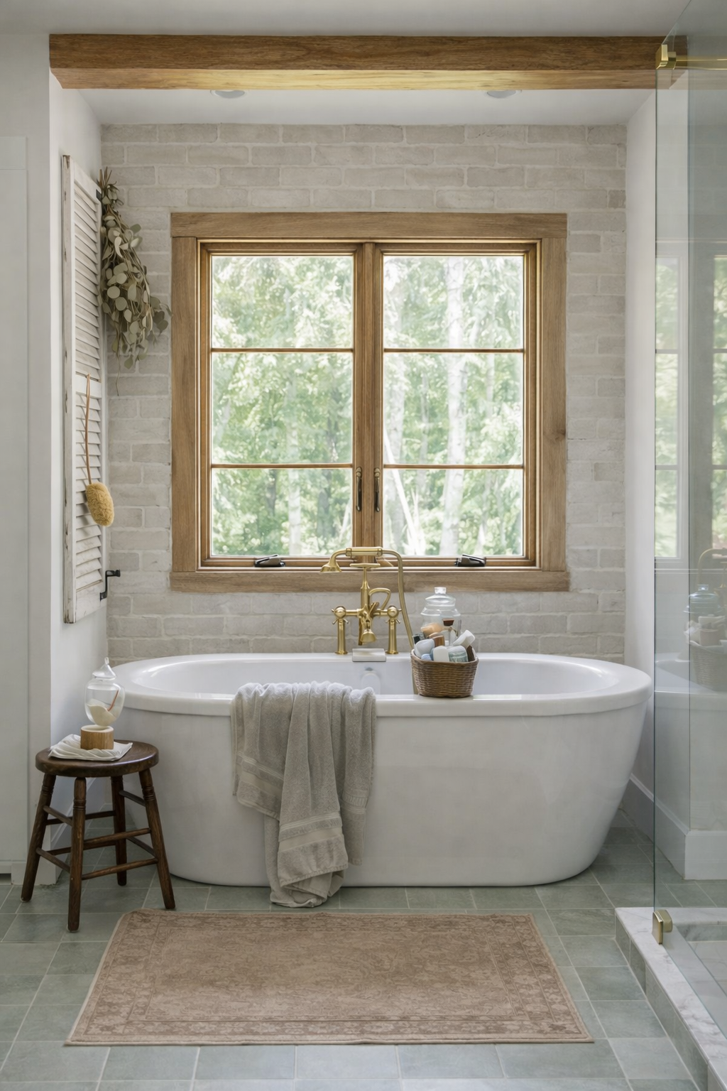 Freestanding soaking tub in a warm farmhouse bathroom with wood window trim and brass fixtures showcasing bathroom trends for 2026 and spa-inspired design