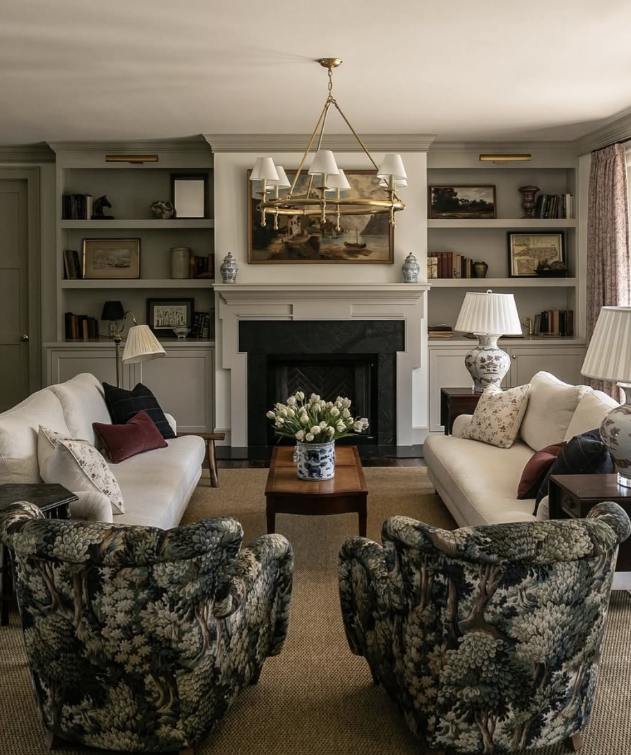 Living room featuring vintage and antique accents paired with modern furniture, classic artwork, and traditional lighting, highlighting living room trends for 2026.