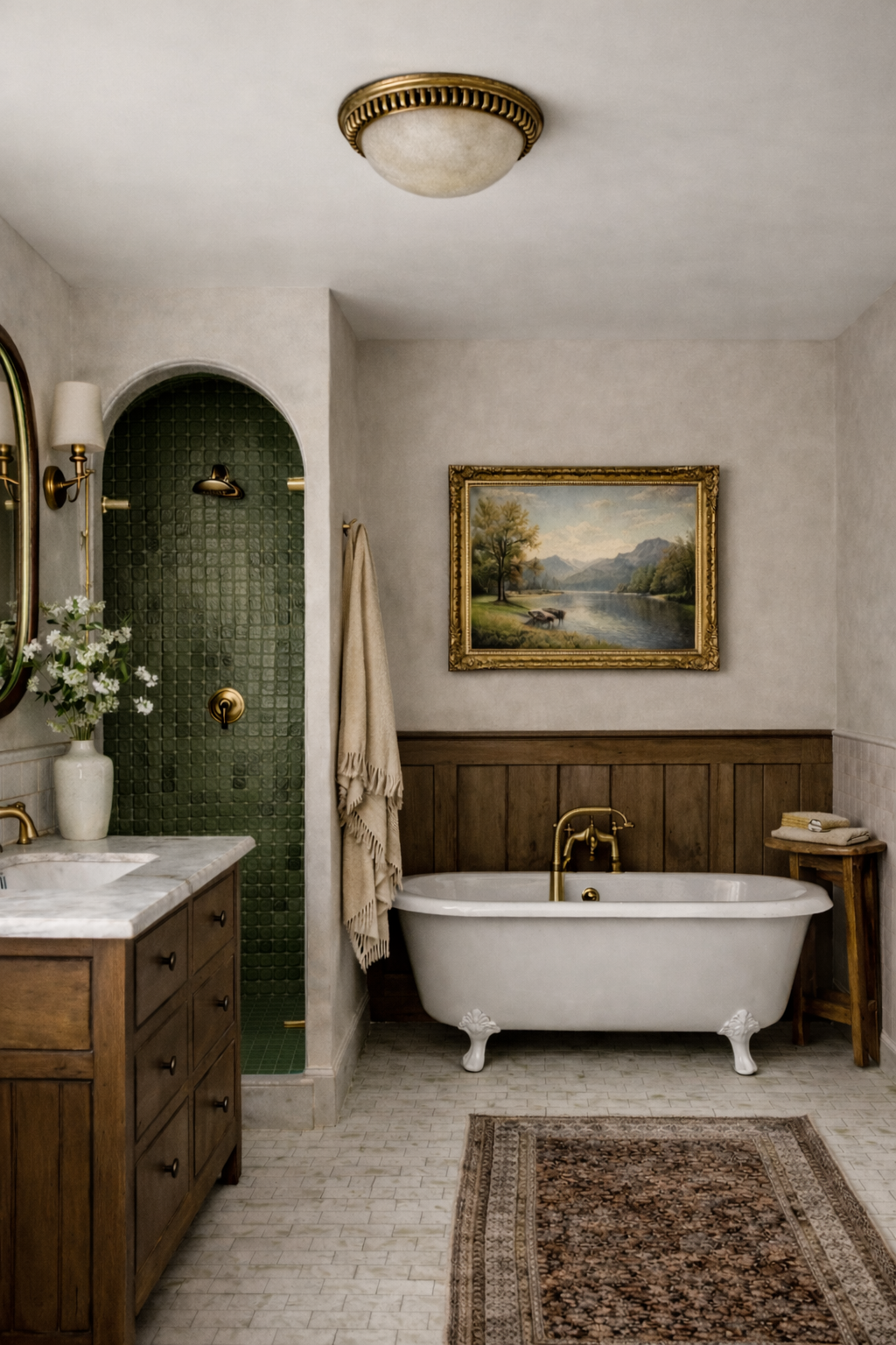 Vintage-inspired bathroom with green tile walk-in shower, freestanding soaking tub, and wood vanity showcasing bathroom trends for 2026 with warm, classic design