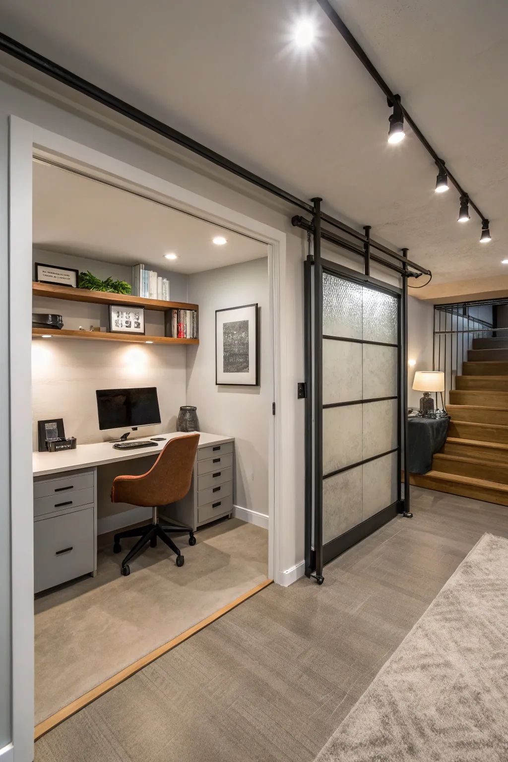 Modern basement home office featuring built-in desk, custom shelving, and sliding glass door, reflecting basement trends for 2026