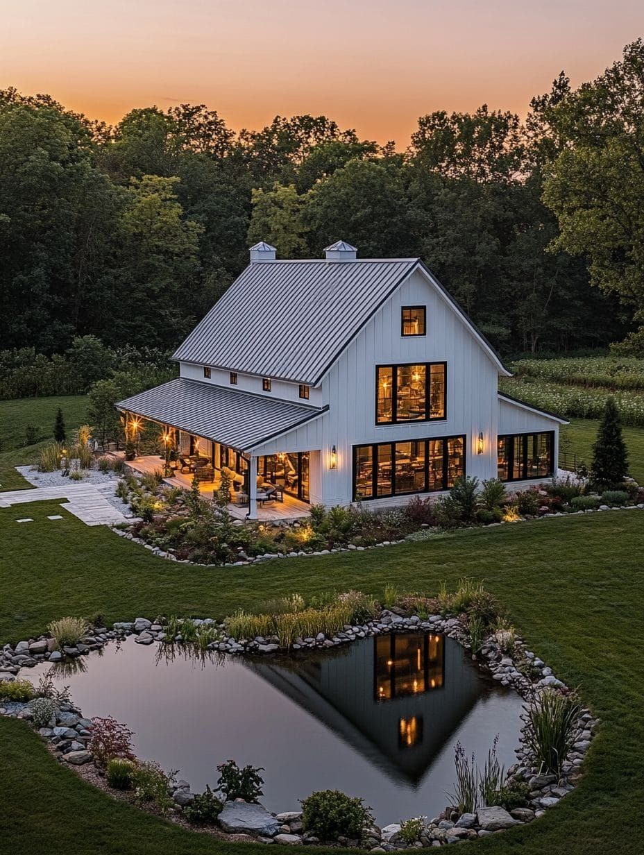 Modern white barndominium with black-trimmed windows and a metal roof reflecting beautifully in a backyard pond at sunset, surrounded by lush green landscaping and forest trees.