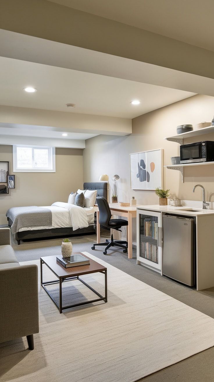 Rental-ready basement suite featuring a compact bedroom, workspace, and kitchenette, showcasing functional basement trends for 2026