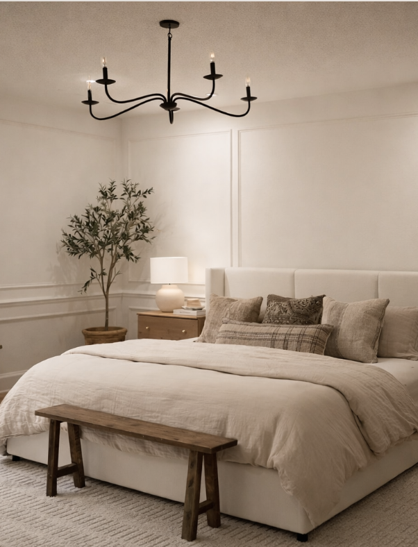Finished basement bedroom featuring a cozy guest suite with neutral tones, soft lighting, and classic millwork, showcasing basement trends for 2026