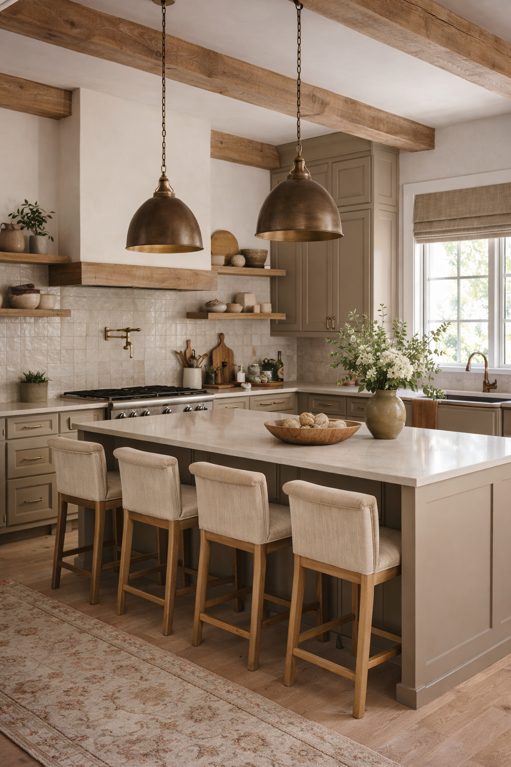 Modern farmhouse kitchen featuring earth toned colors, warm taupe cabinetry, natural wood beams, bronze pendant lighting, and a soft, inviting color palette inspired by 2026 design trends