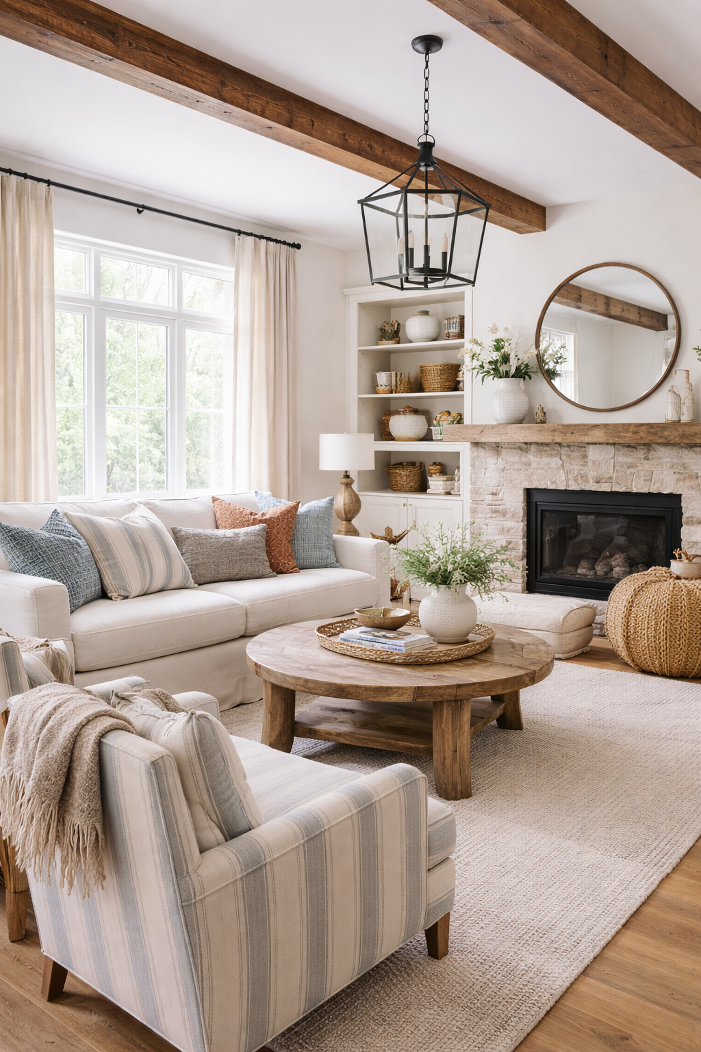 Modern farmhouse living room with mix and match fabrics including layered throw pillows, textured upholstery, woven accents, and natural wood details inspired by 2026 design trends