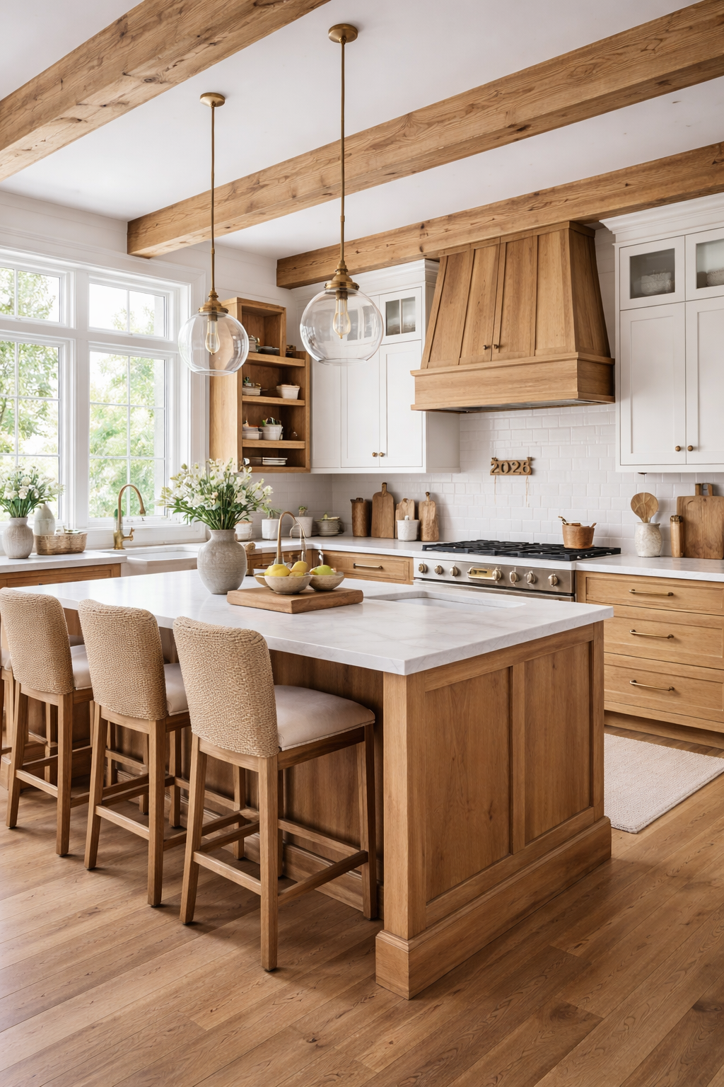 Modern farmhouse kitchen featuring natural wood beams, wood cabinetry, wide plank flooring, and warm finishes inspired by modern farmhouse trends for 2026