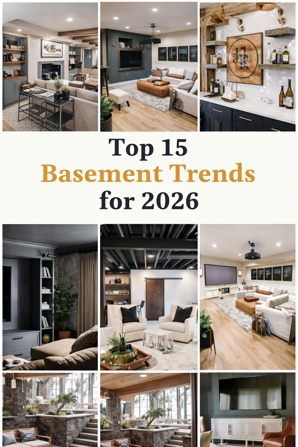 Top 15 basement trends for 2026 featuring modern finished basements, home theaters, custom bars, built-in storage, and cozy family spaces designed for functionality and style