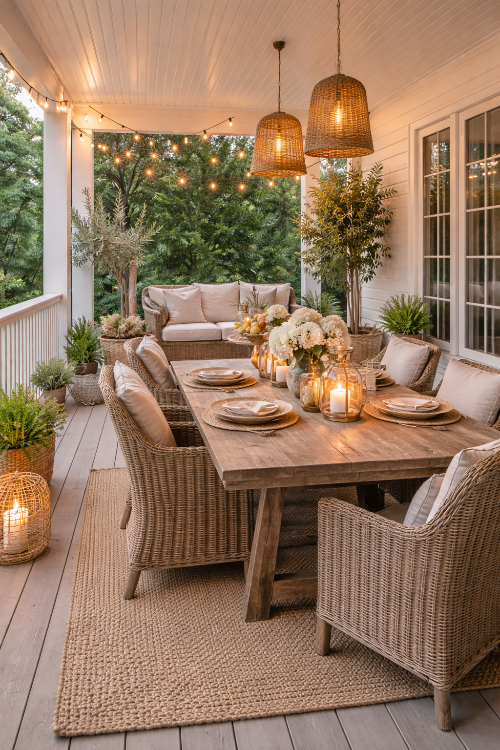 cozy back porch dining area with wooden table, wicker chairs, string lights, and candles