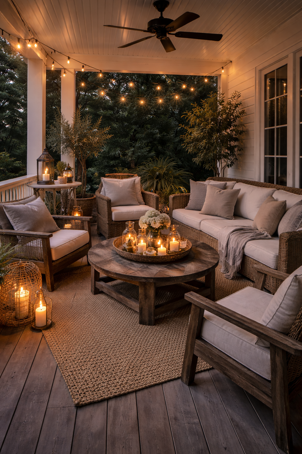moody cozy back porch with round coffee table, seating area, string lights, and candles
