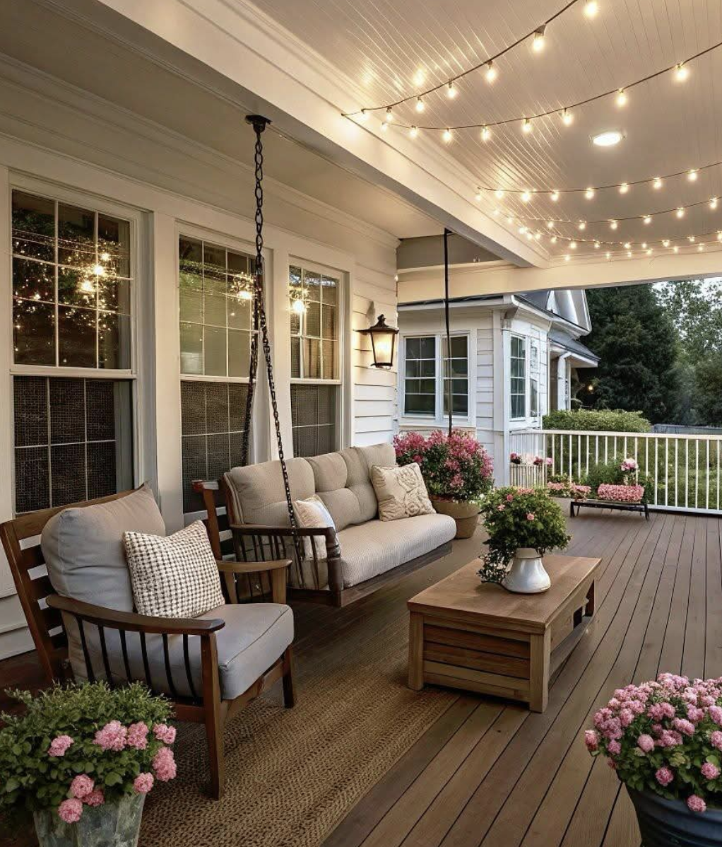 cozy back porch seating ideas with string lights and outdoor furniture