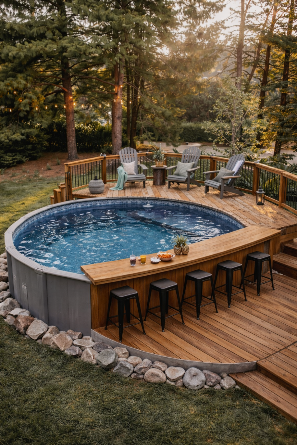 Above ground round pool with built-in wooden bar attached to pool wall, black bar stools, and wraparound deck with string lights.