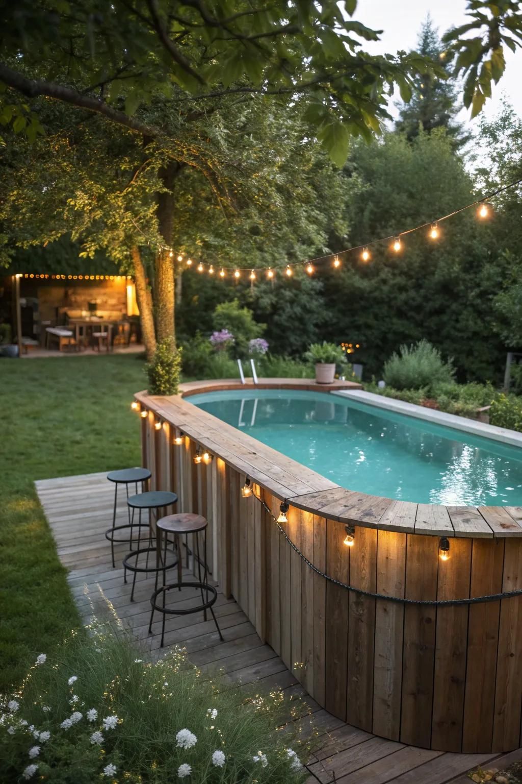 Above ground pool bar with wood surround, bar stools, and warm string lights at dusk in landscaped backyard.