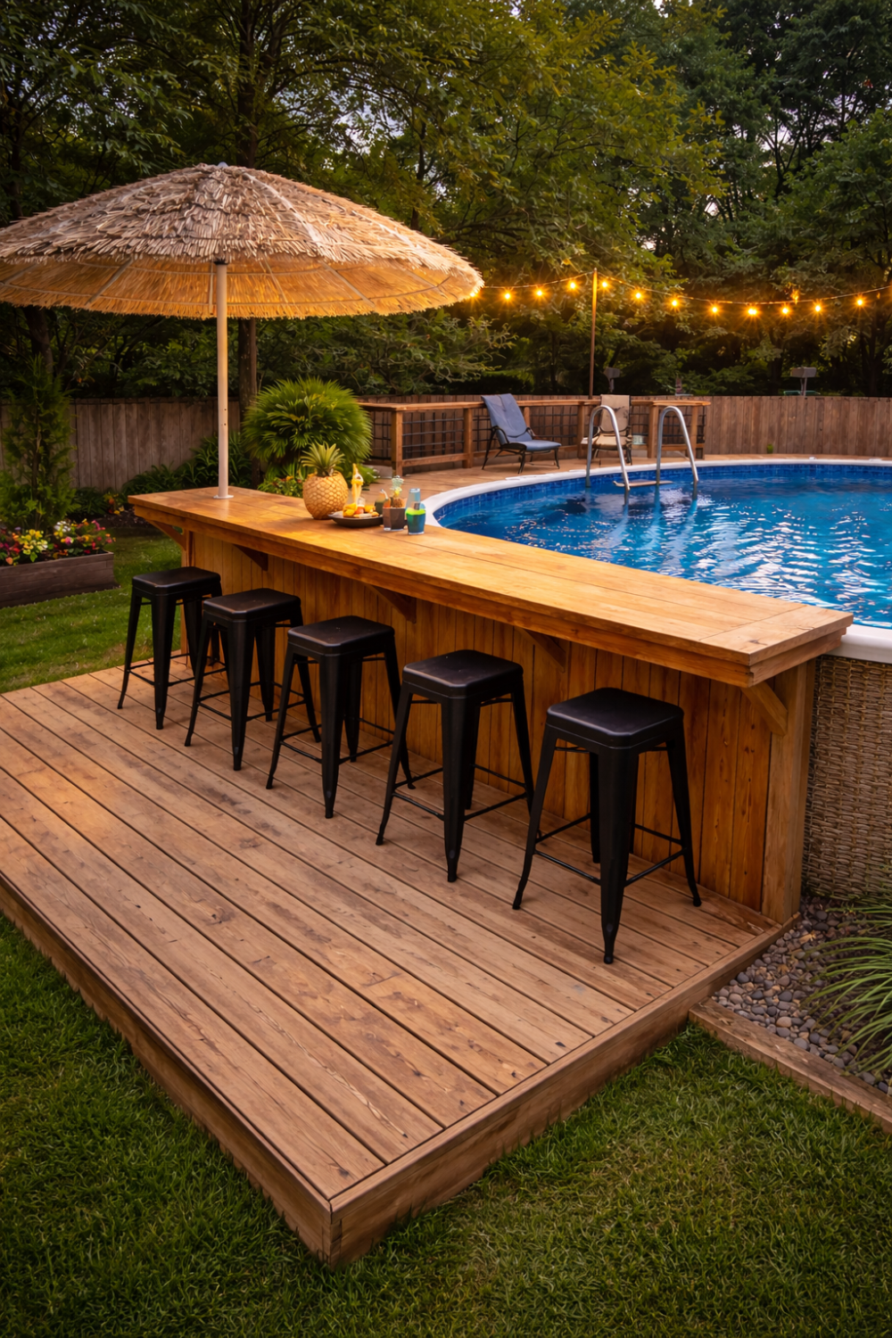 Above ground pool bar with wooden counter, black bar stools, tiki umbrella, and string lights in backyard setting.