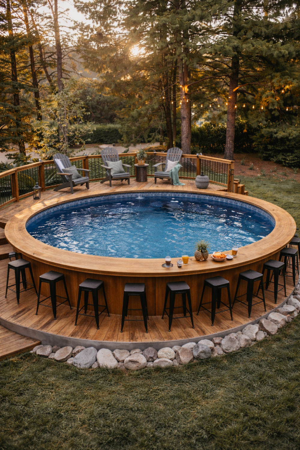 Round above ground pool with full wraparound wooden bar counter and black metal bar stools on deck.