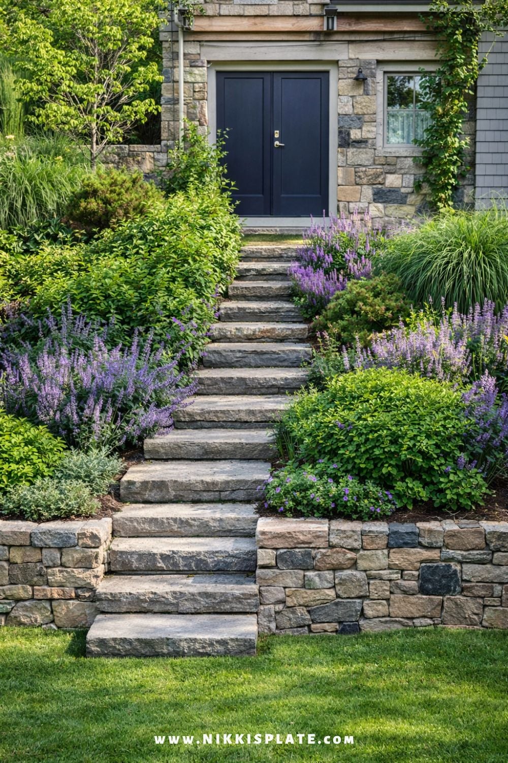 Stone garden steps leading to a front entrance surrounded by lush landscaping, purple flowers, and layered greenery.