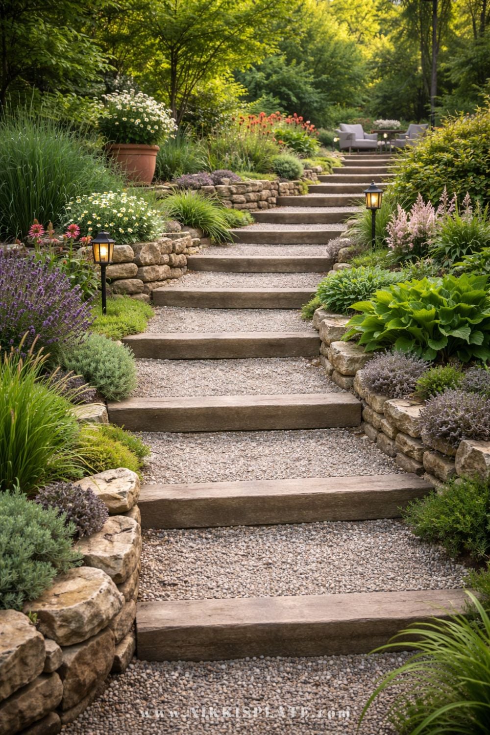 Rustic gravel garden steps with wooden beams and stone borders surrounded by lush landscaping and garden lights.