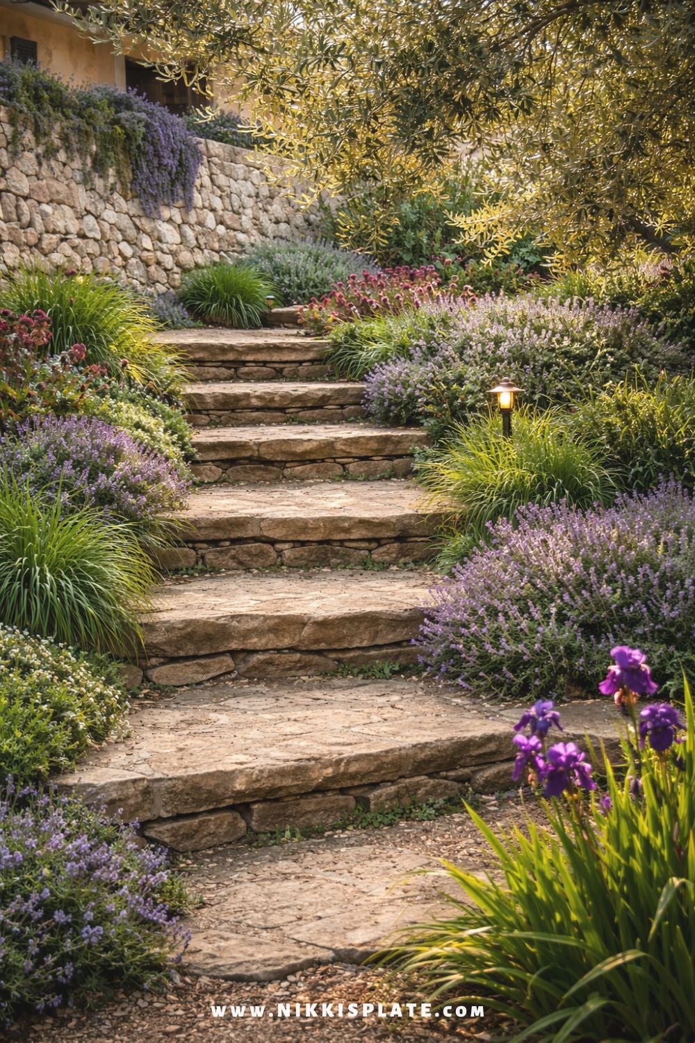 Mediterranean-style stone garden steps surrounded by lavender, flowering plants, and a rustic stone retaining wall.