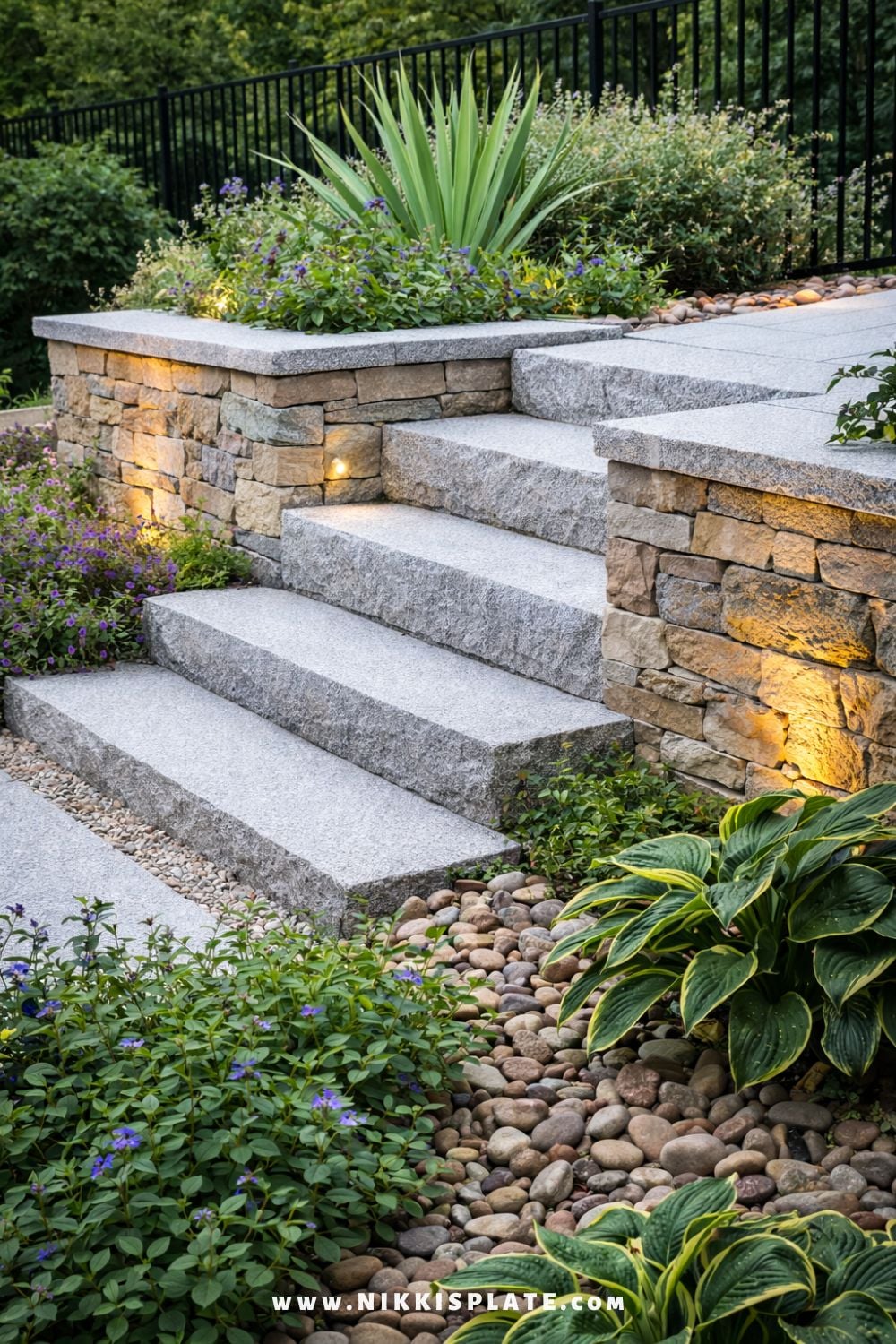 Modern granite garden steps with a stacked stone retaining wall, landscape lighting, and lush backyard plants.