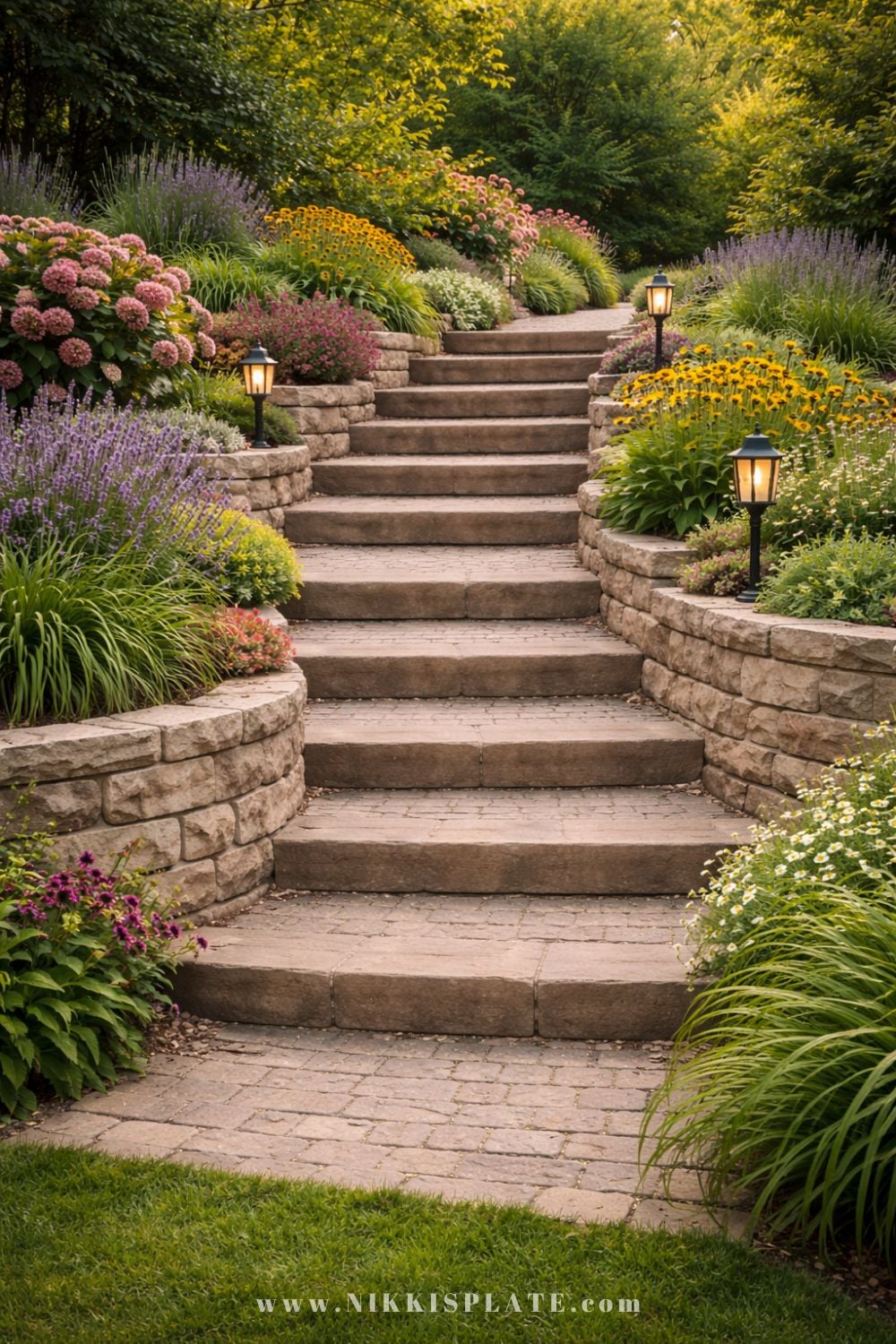 Stone retaining wall garden steps surrounded by colorful flowers, landscaping plants, and pathway lighting.