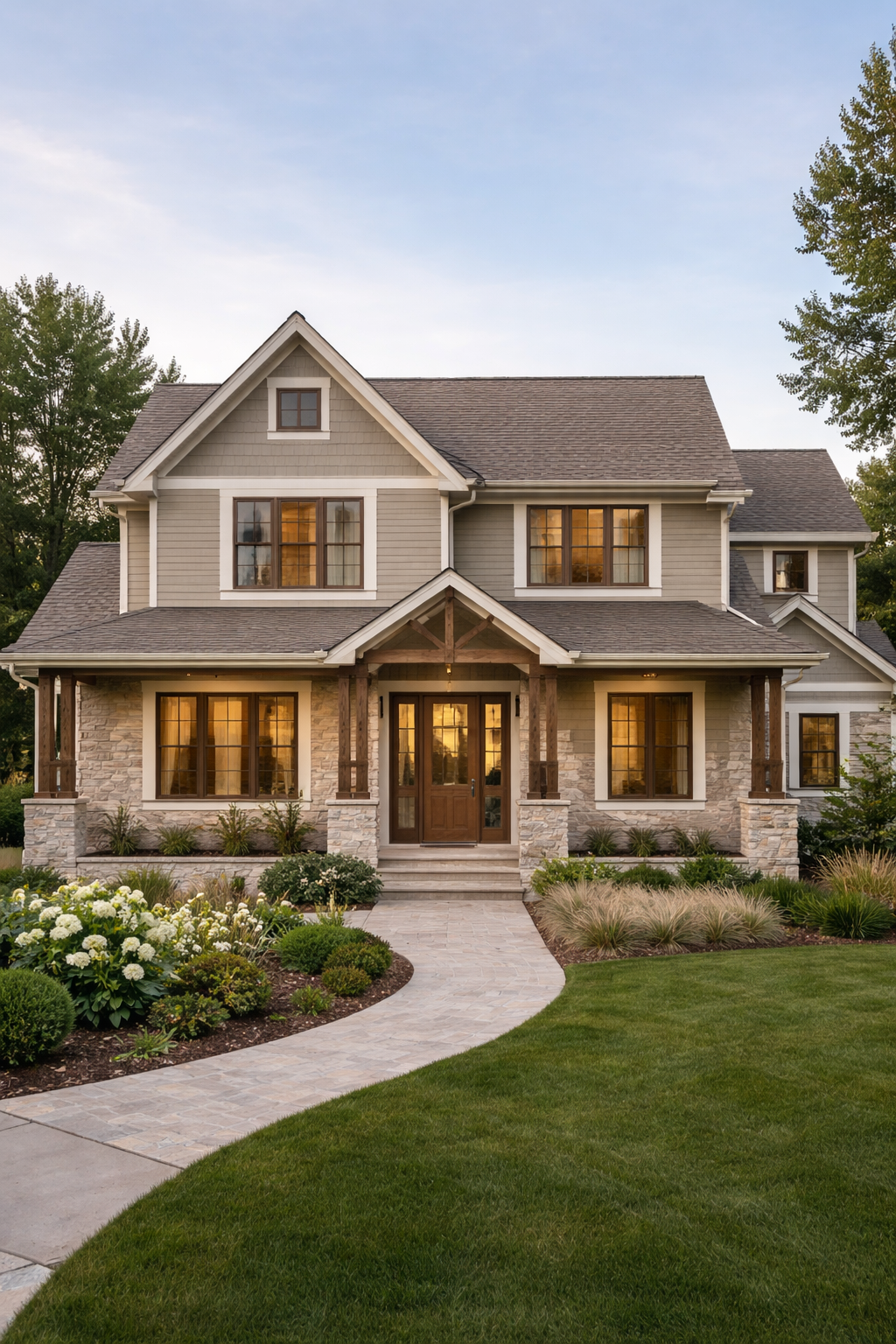Warm neutral home exterior with creamy white siding, soft greige accents, and natural stone details reflecting house exterior trends for 2026.