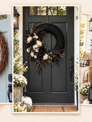 Three handmade Halloween wreaths on black, cream and warm wood front doors, including a ghost wreath, gothic skull wreath and pumpkin wreath