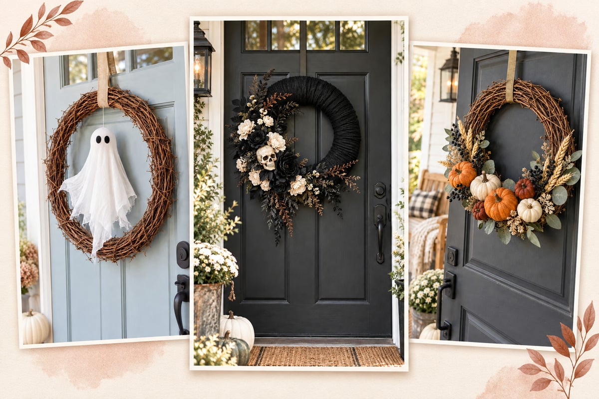 Three handmade Halloween wreaths on black, cream and warm wood front doors, including a ghost wreath, gothic skull wreath and pumpkin wreath